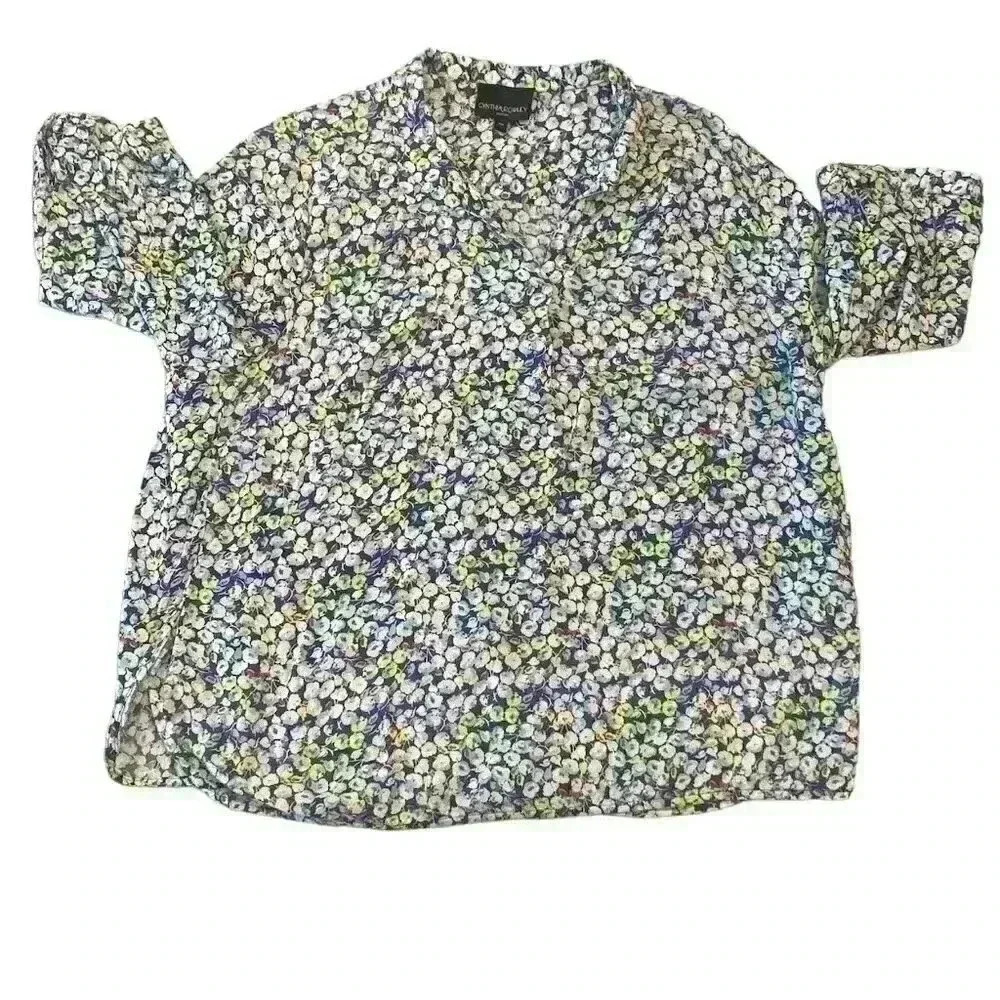 Cynthia Rowley Blue White Ditsy Floral Print 100% Rayon 3/4 Sleeve  Size 2x XXL
